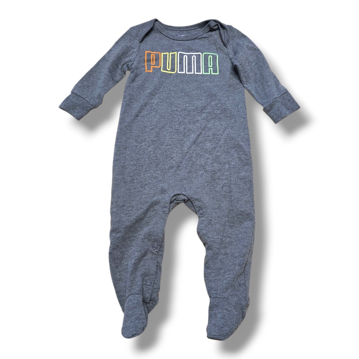 Puma preloved baby romper in heather grey with colorful logo and built-in footies for ages 0-3 months.