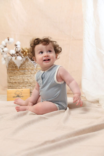 Coming Soon | Blara Organic House | Sleeveless Henley Bodysuit | Mist Blue