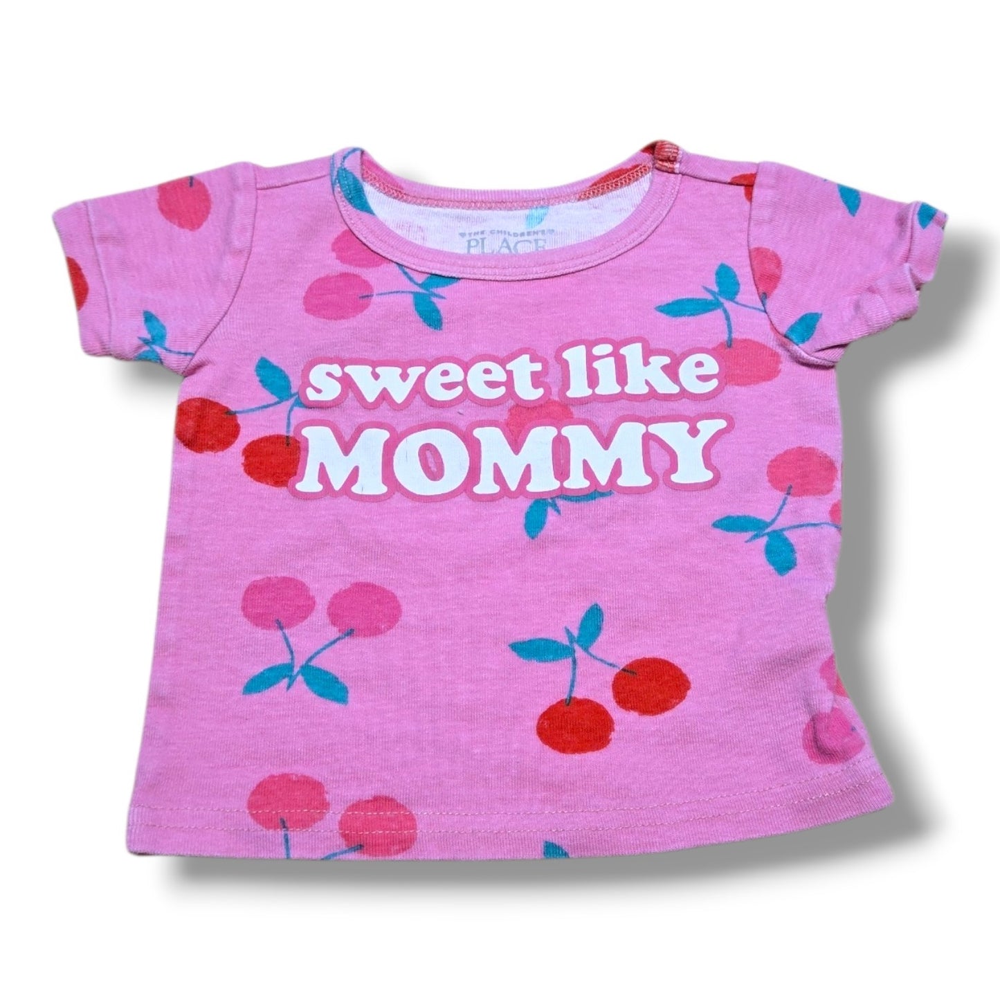 3-6 month cherry print t-shirt featuring 'Sweet Like Mommy' on a pink background.