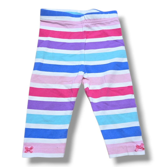 Pre-loved striped leggings for infants in pink, purple, and blue stripes with bow details.