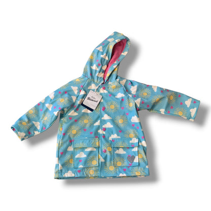 Hatley 4T waterproof rain jacket for kids in sunshine and cloud print with pink lining