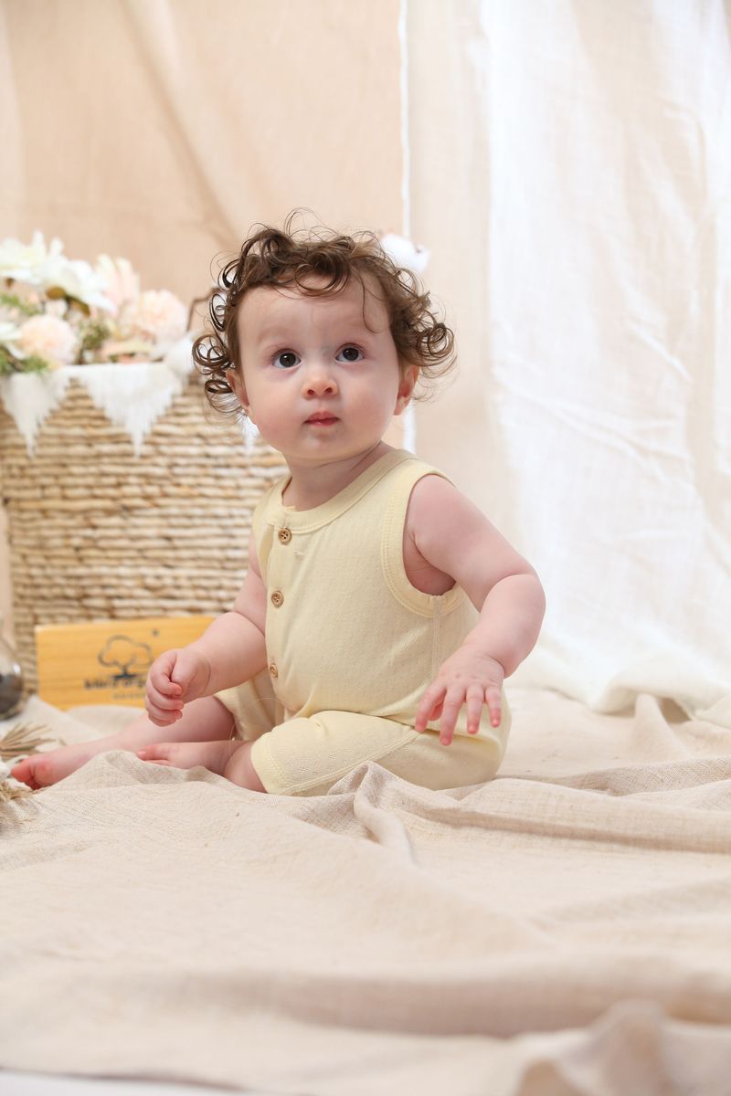 Coming Soon | Blara Organic House | Sleeveless Henley Romper | Creamy Yellow