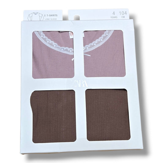 Zara 2PC long sleeve tops NWT in packaging, sizes suitable for 4T, featuring two color options.