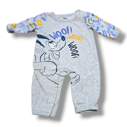 Pre-loved Disney baby romper featuring Pluto graphic and playful "Woof! Woof! Woof!" details in soft grey fabric.