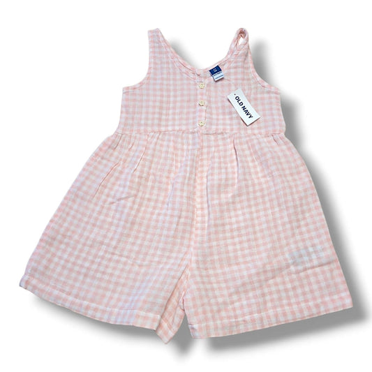 Old Navy 4T romper NWT in pink gingham pattern with tags and button details.