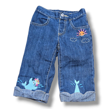 Pre-loved Gymboree jeans 2T featuring embroidered ocean details, perfect for everyday adventures.