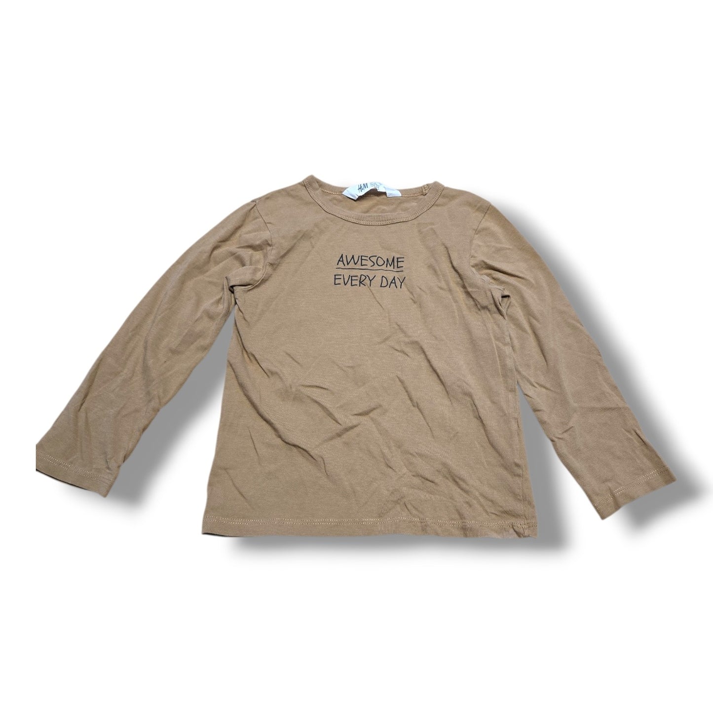 Soft pre-loved H&M long sleeve top in tan with 'Awesome Every Day' print, perfect for layering.