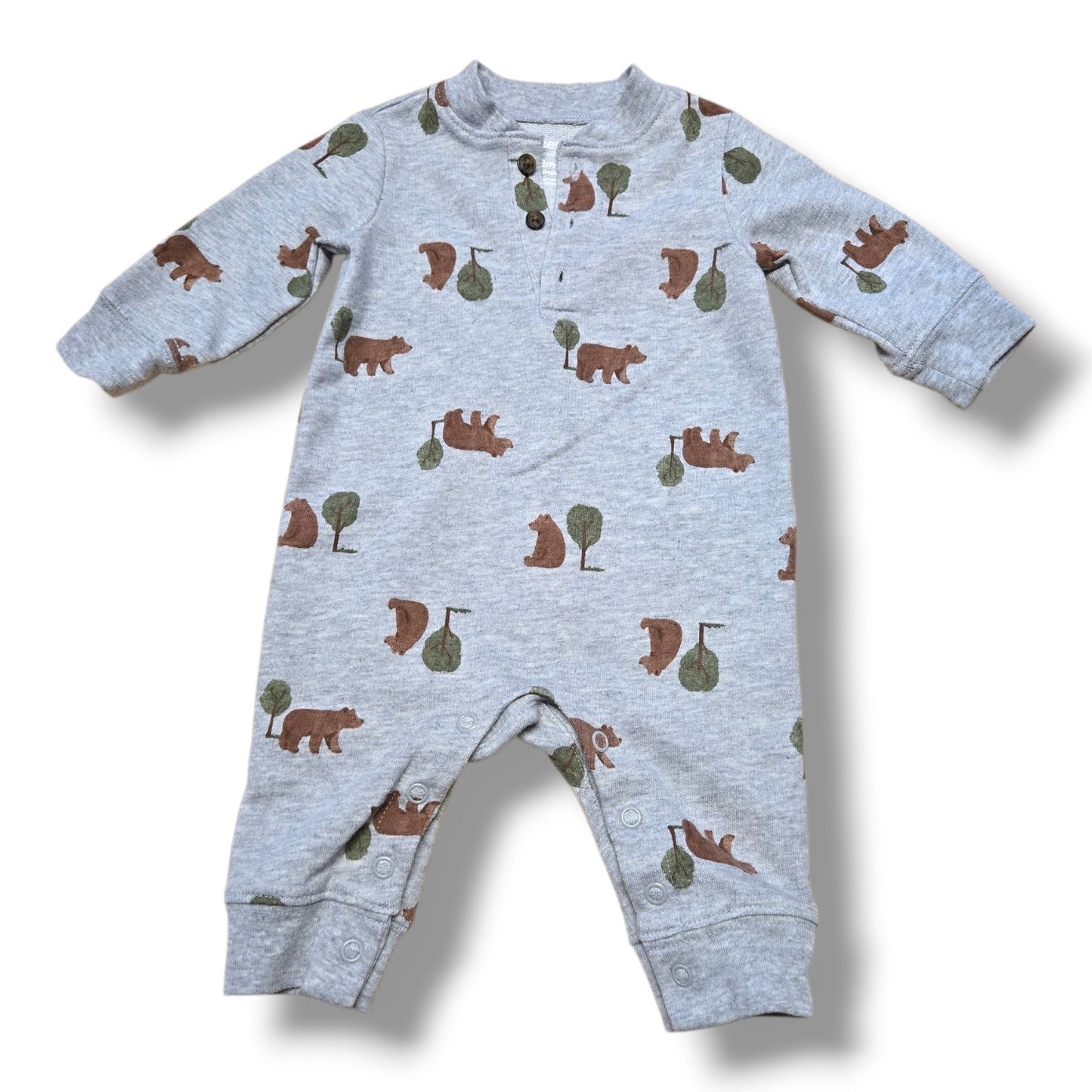 Preloved baby romper 0-3 months in soft heather grey with woodland bear print and snap closures.