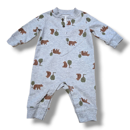 Preloved baby romper 0-3 months in soft heather grey with woodland bear print and snap closures.