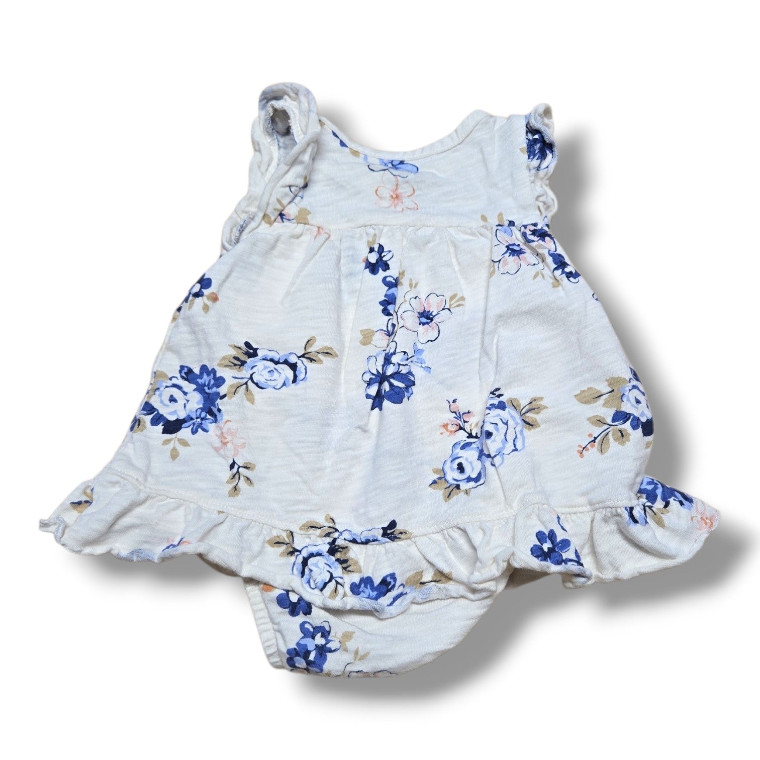 Carter's pre-loved floral romper 3 months with blue floral print, flutter sleeves, and ruffle hem.