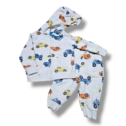 Carters pre-loved 2PC baby clothing set featuring a hooded jacket and pants with colorful cars design.