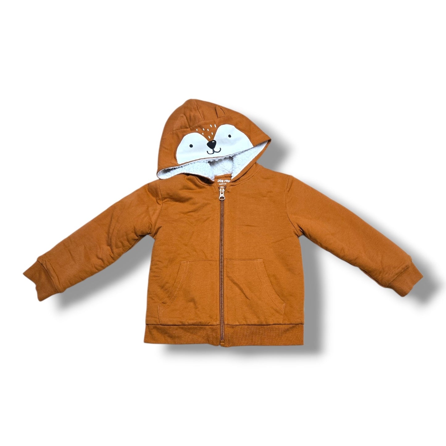 Pre-loved kids shacket featuring a cozy rust brown hoodie with fox face and sherpa lining.