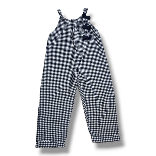 Pre-loved Zara overalls for toddlers with navy check pattern and decorative buttons.