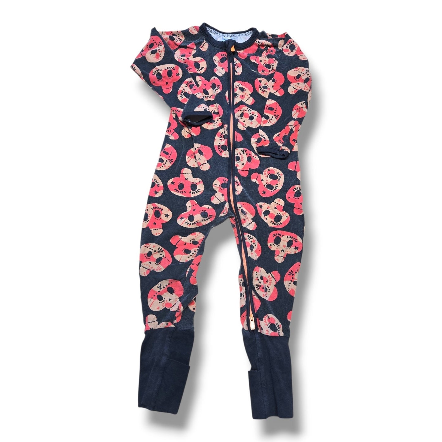 Pre-loved Bonds Wondersuit 18-24M in colorful pattern with two-way zip and fold-over cuffs.