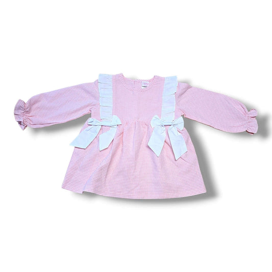 Stitchy Fish pink checked top for children, part of pre-loved children's clothing top collection, featuring bows and long sleeves.