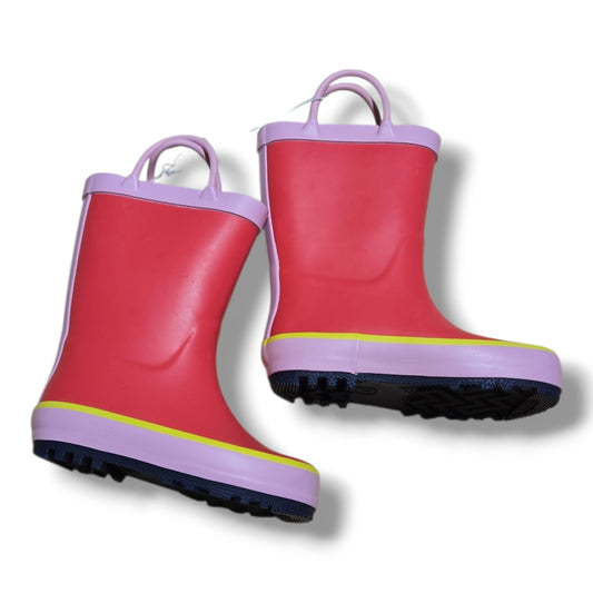 Cat & Jack 7T rain boots in vibrant pink and purple with yellow accents, perfect for rainy days.