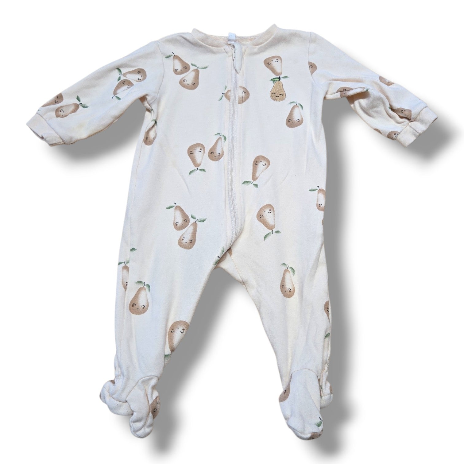 Pekkle pre-loved sleeper for babies featuring a full length zipper, soft fabric, and cute pear design.