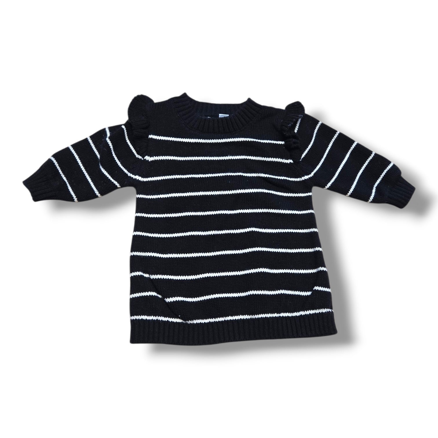 pre-loved knit sweater dress 0-3 months in black and white stripes with ruffle shoulder details.