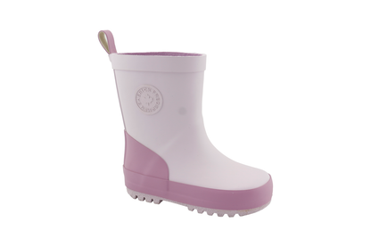 kids waterproof rain boots pink in light pink and white, perfect for outdoor adventures and puddle jumping.