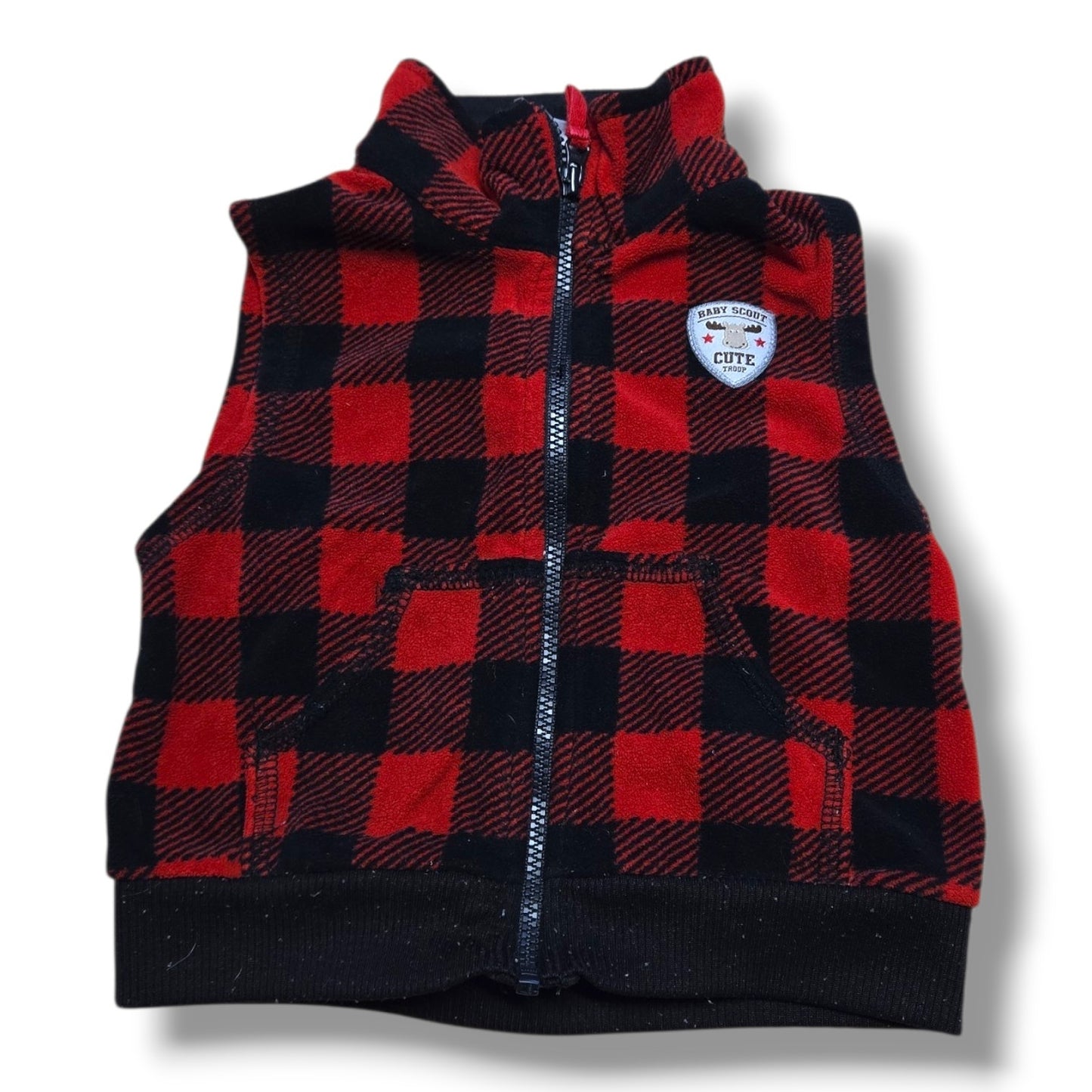 Carter's 12 month fleece vest in red and black buffalo plaid, full-zip front, perfect for fall and winter layering.