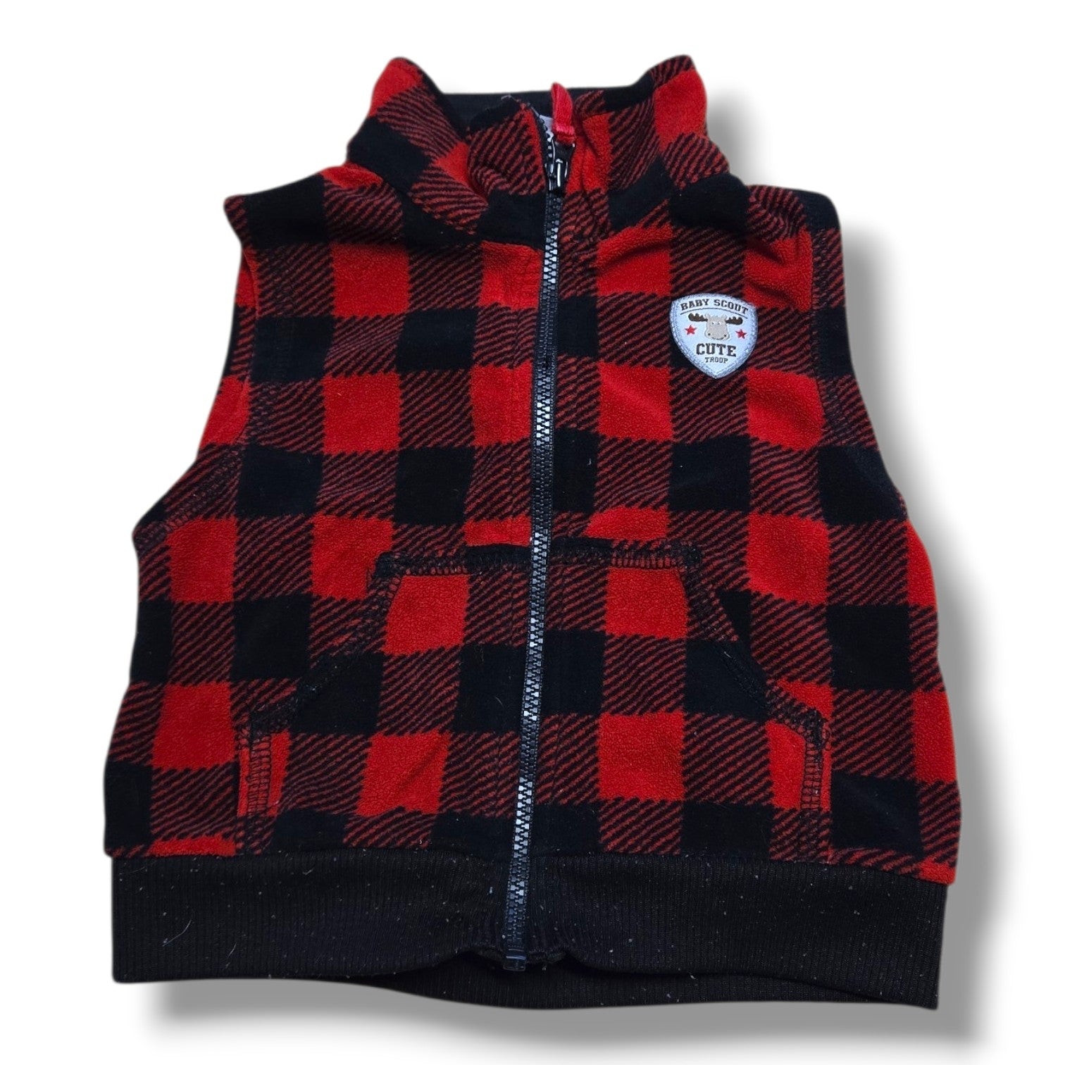 Carter's 12 month fleece vest in red and black buffalo plaid, full-zip front, perfect for fall and winter layering.