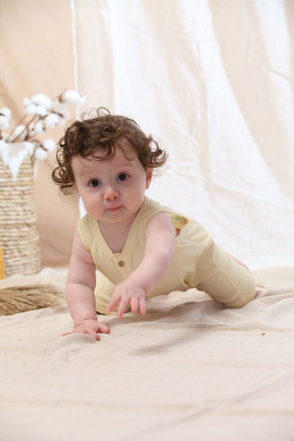 Coming Soon | Blara Organic House | Sleeveless Henley Romper | Creamy Yellow
