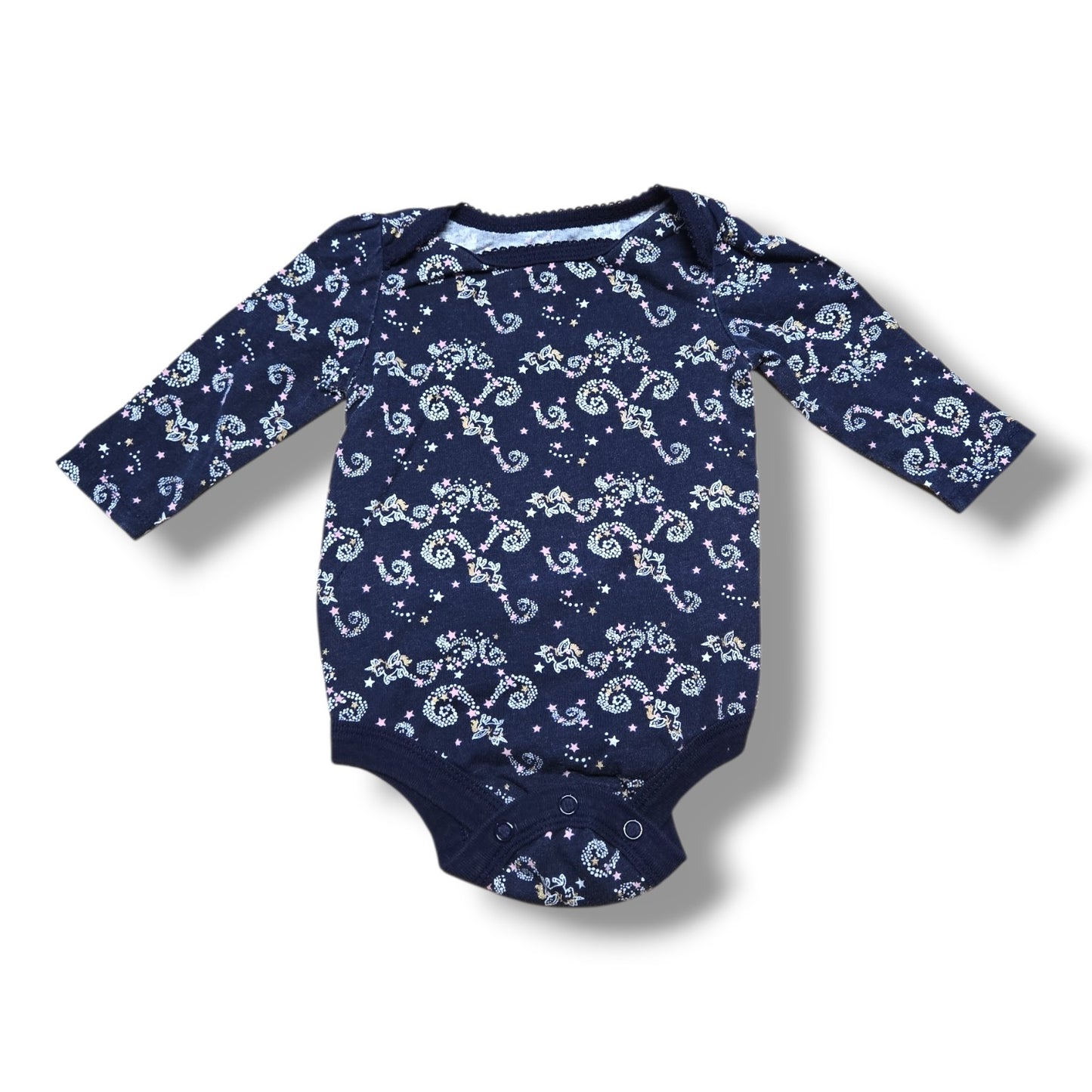 George pre-loved baby onesie in navy with floral pattern, perfect for layering and everyday wear.