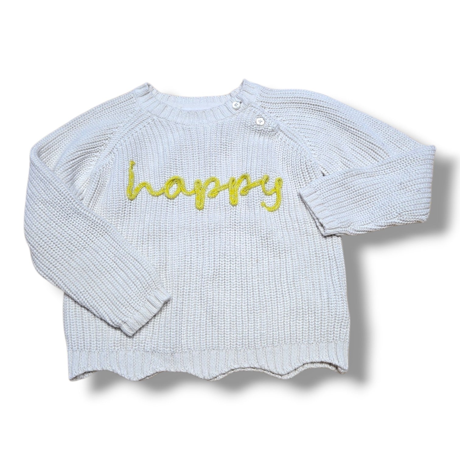 Soft light grey pre-loved knit sweater with "happy" embroidered and button detail for easy dressing.