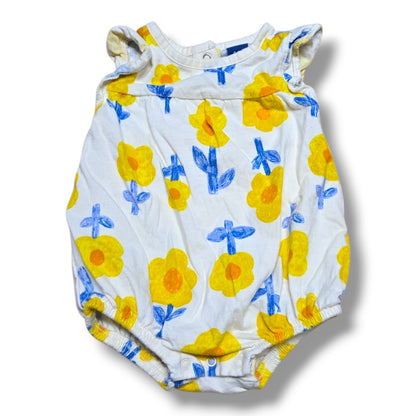 Old Navy preloved baby romper 0-3 months with cheerful yellow floral print and flutter sleeves.