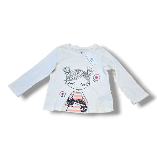 Gap 2T top new with tags featuring a cute graphic design of a girl with a cat, NWT.