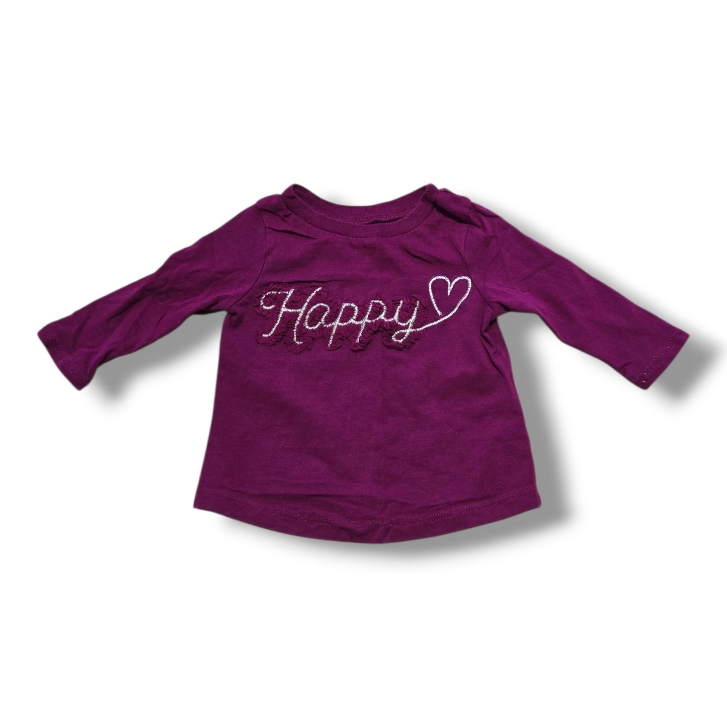 preloved purple long sleeve top featuring embroidered "Happy" design for infants.