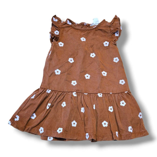 Pre-loved quality dress 18M in brown with white flowers, ruffled sleeves and flutter skirt.