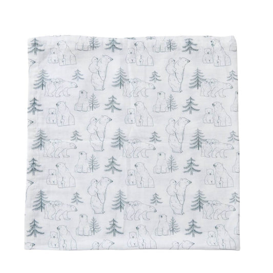 Organic muslin baby blanket featuring a playful Polar Bear family print on soft muslin fabric.