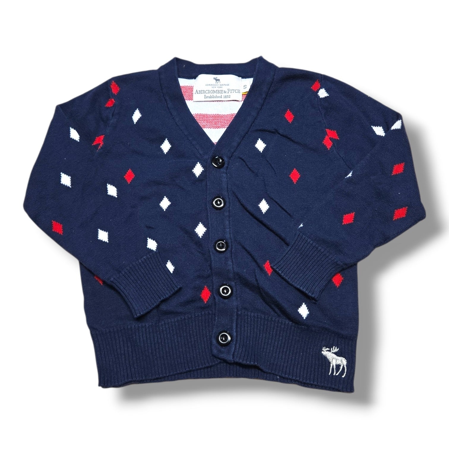Pre-loved Abercrombie & Fitch cardigan with red and white diamond pattern, perfect for layering in cooler weather.