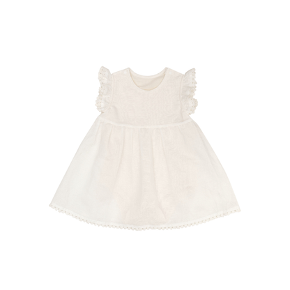 Blara Organic House linen baby doll bodysuit in white, featuring airy comfort and delicate ruffle details.