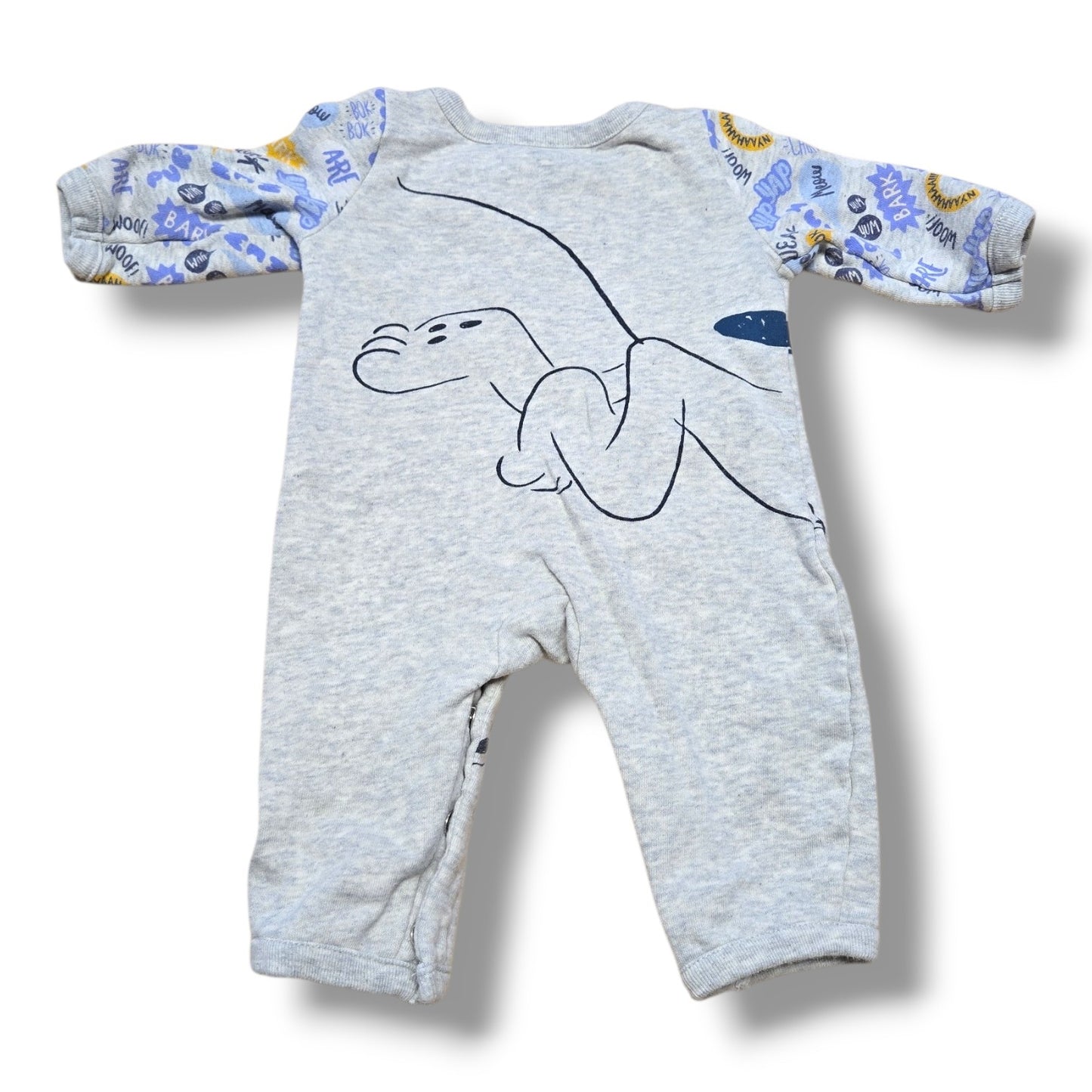 Pre-loved Disney baby romper featuring Pluto graphic, size 3-6 months, soft heather grey fabric.