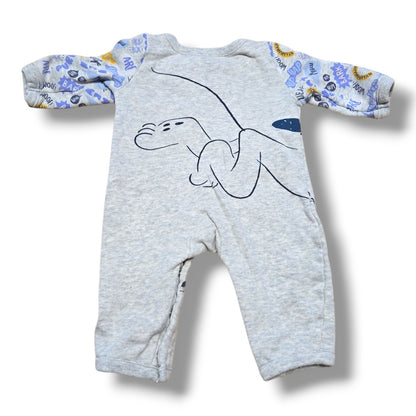 Pre-loved Disney baby romper featuring Pluto graphic, size 3-6 months, soft heather grey fabric.