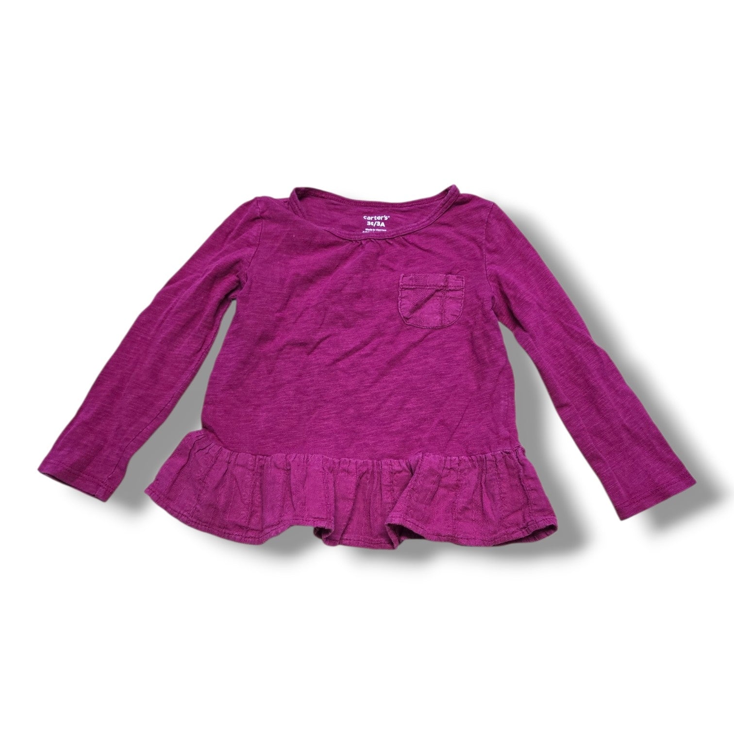 pre-loved Carter's peplum top in berry purple with chest pocket and ruffled hem