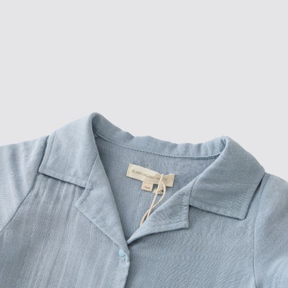 Coming Soon | Blara Organic House | Natural Dyeing
Short Sleeve Cuban Collar Romper | Mist Blue