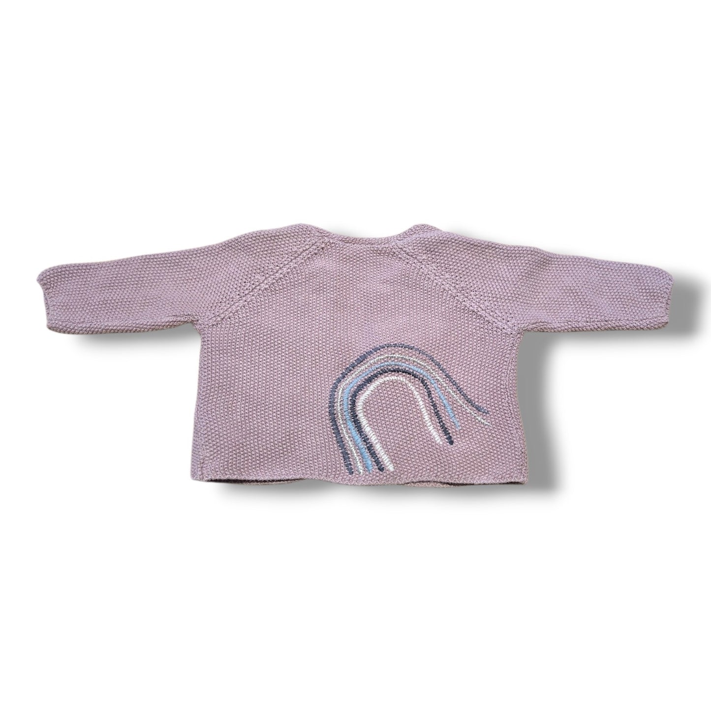 Next pre-loved baby cardigan 0-3 months with unique embroidered rainbow details.
