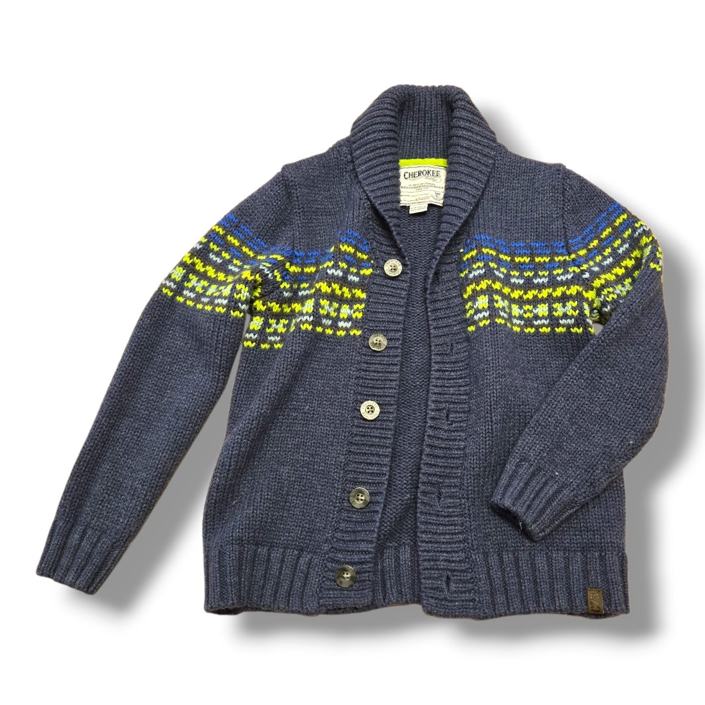 pre-loved Cherokee cardigan 6/7Y in navy with blue and lime accents, featuring a cozy shawl collar and button front.