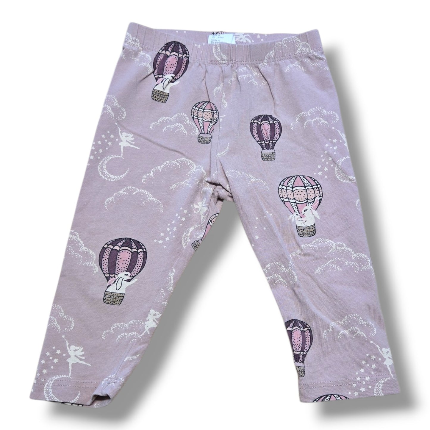 H&M preloved lavender baby pants with hot air balloon, bunny and fairy prints, size 6-9 months, soft lavender cotton.