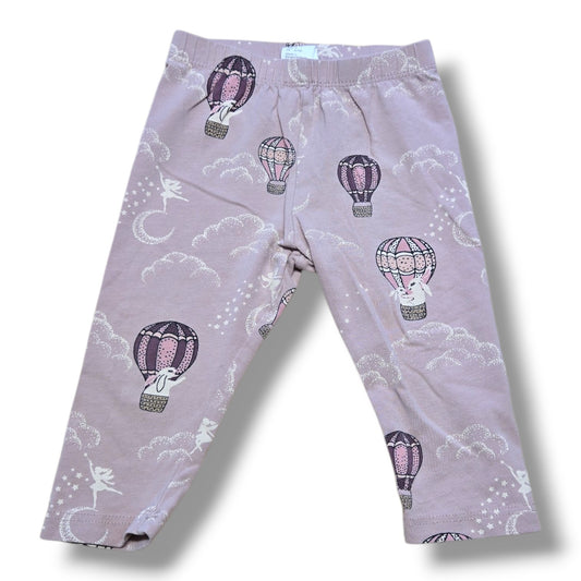 H&M preloved lavender baby pants with hot air balloon, bunny and fairy prints, size 6-9 months, soft lavender cotton.