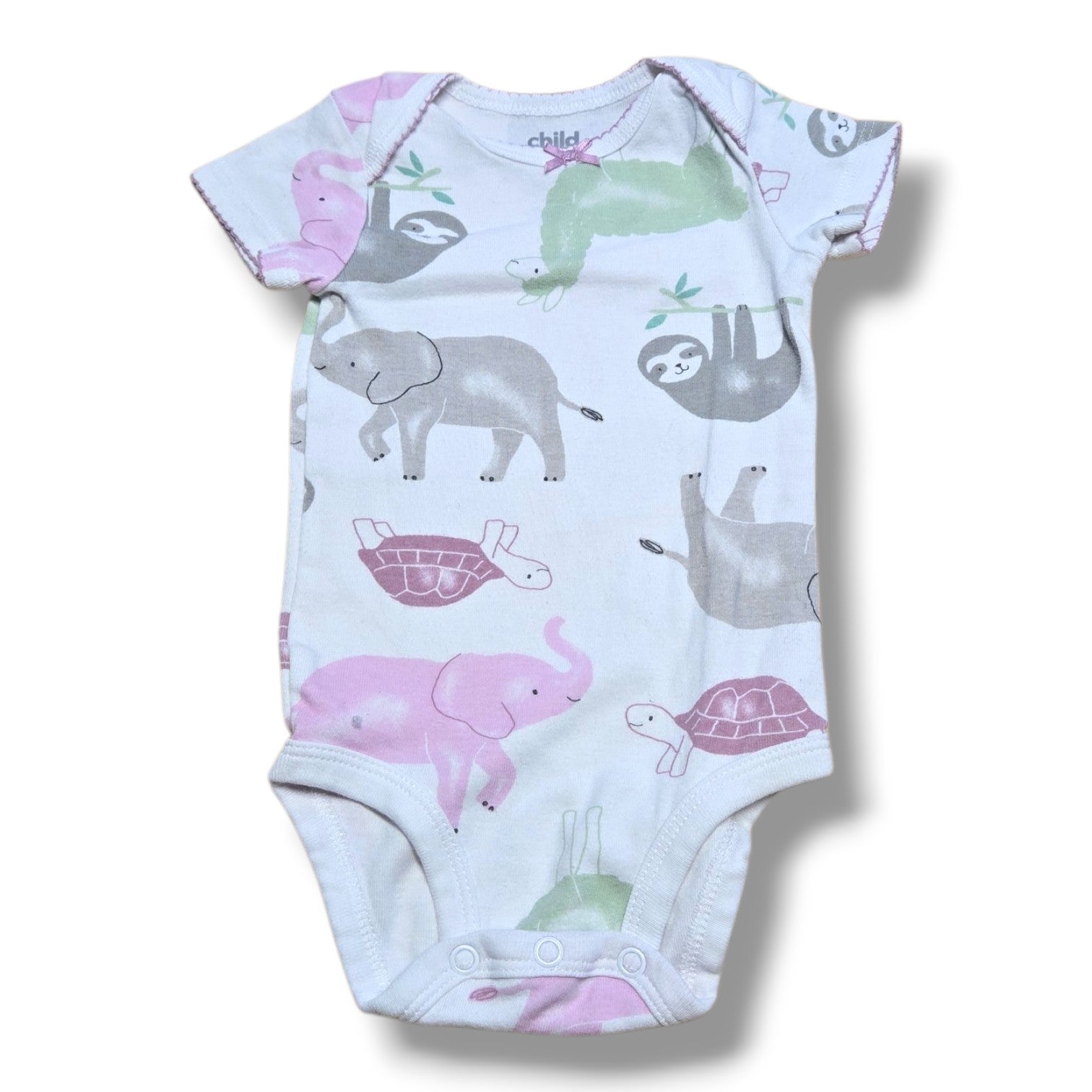 Pre-loved baby onesie featuring cute animal patterns, soft fabric, and easy snap closures for quick changes.