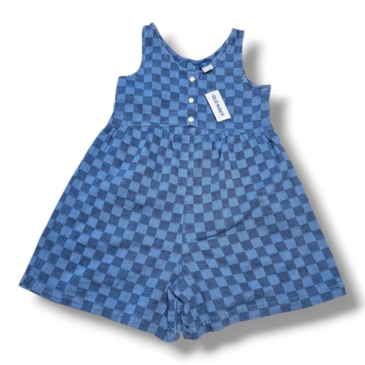 Old Navy 5T romper new with tags, blue checkered pattern with buttons, NWT condition.