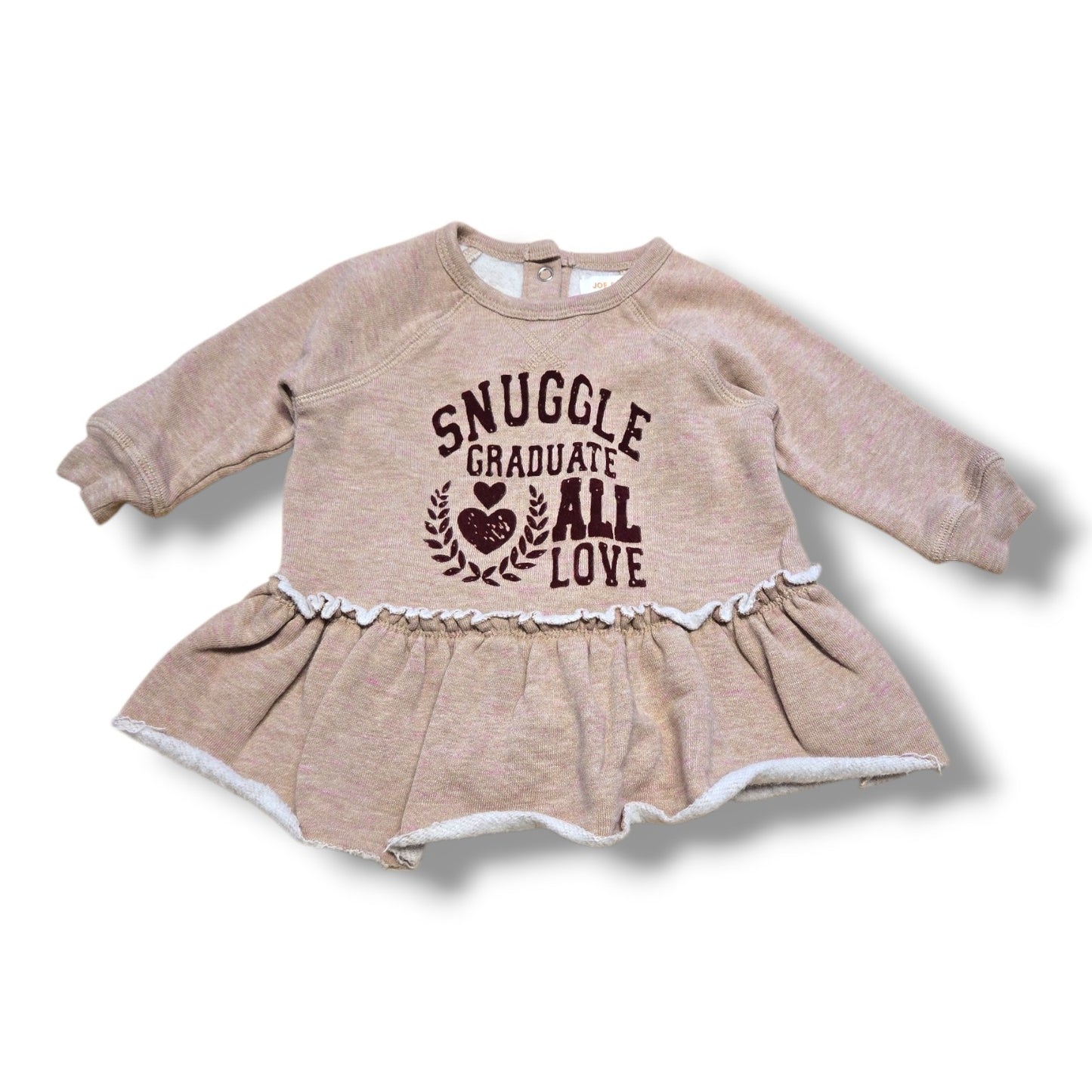Toddler sweatshirt dress 3-6 months with ruffle waist and 'Snuggle Graduate All Love' graphic.