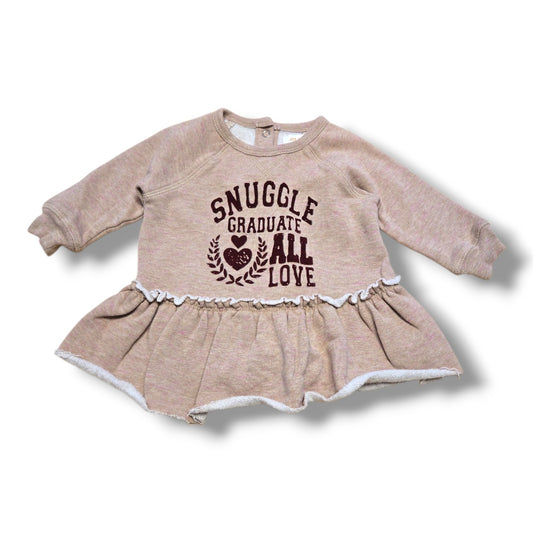 Toddler sweatshirt dress 3-6 months with ruffle waist and 'Snuggle Graduate All Love' graphic.
