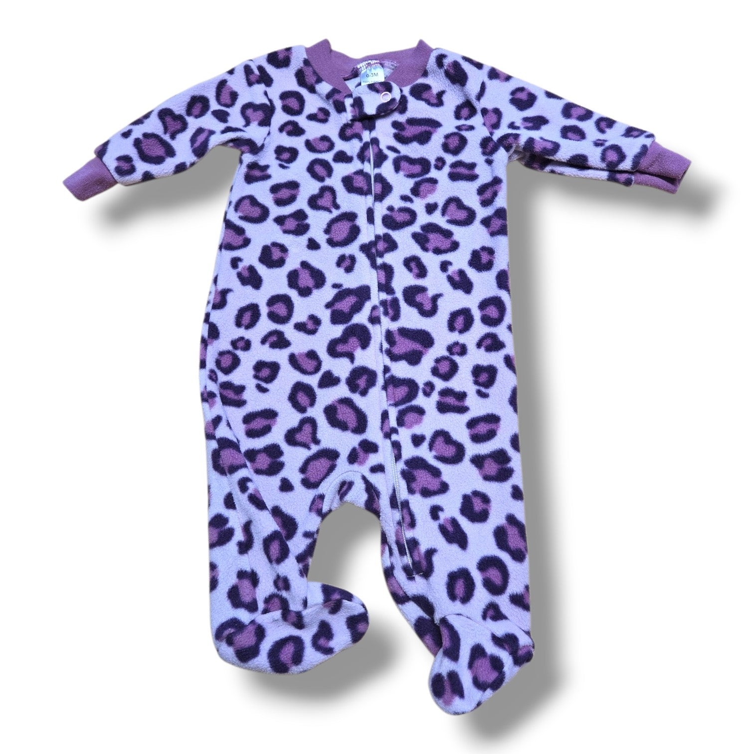 George pre-loved fleece sleeper 0-3 months in lavender with purple leopard print and full length zipper.