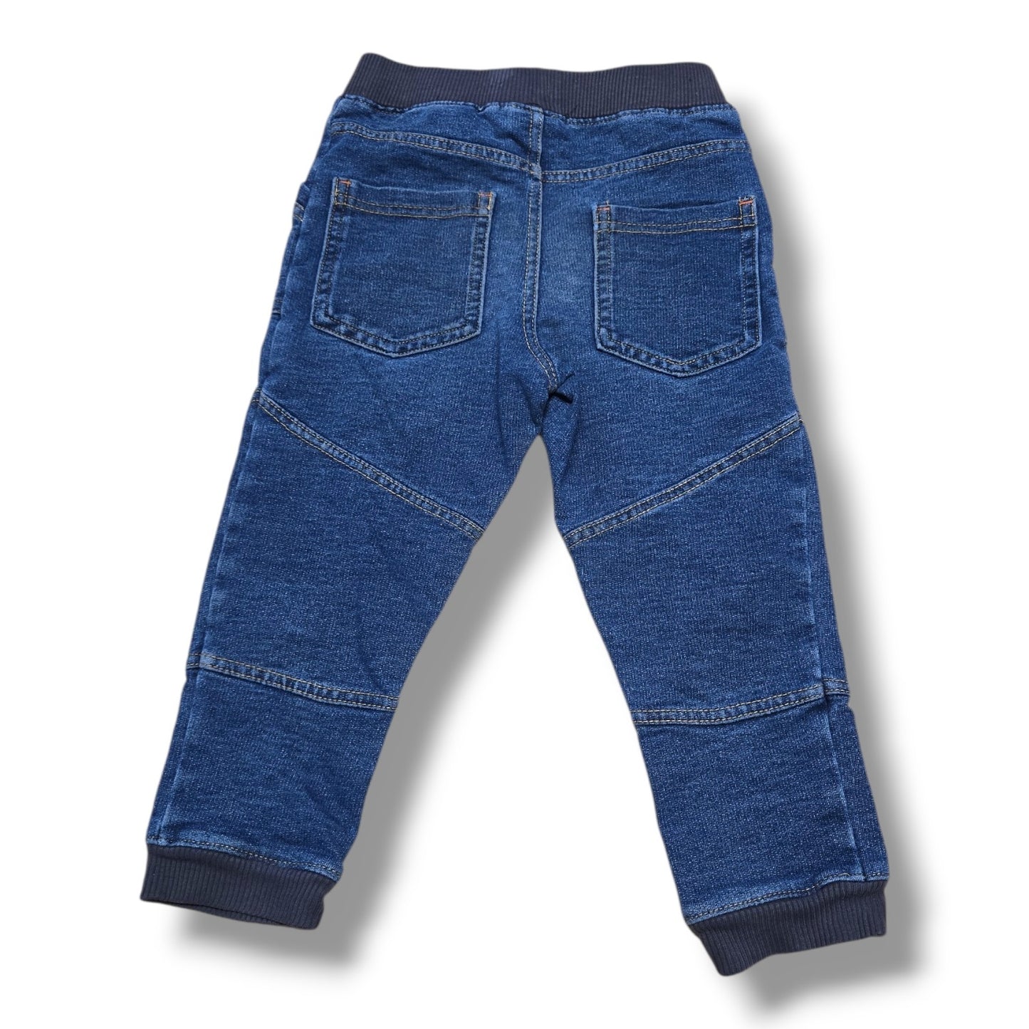 Back view of 2T soft denim joggers with elastic waistband and ribbed cuffs