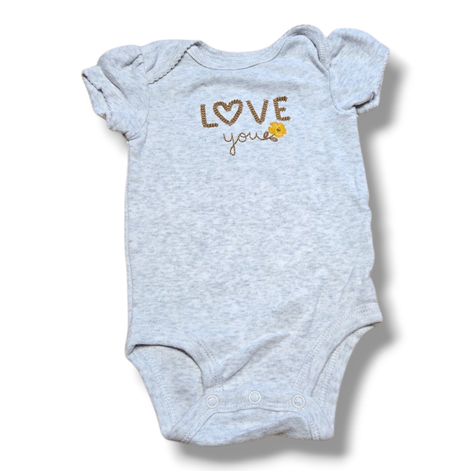 Pre-loved baby onesie in gray with 'LOVE you' design, perfect for little ones. Soft and comfortable for everyday wear.